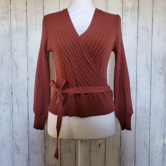 SHEIN Tops - Burgendy Wrap Waist Tie Sweater